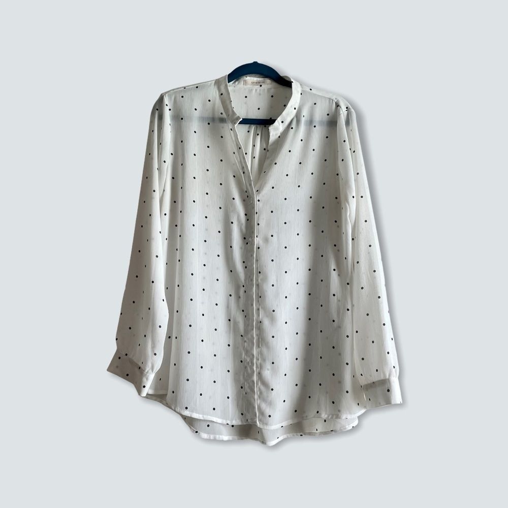 Sheer White button down blouse with polka dots L